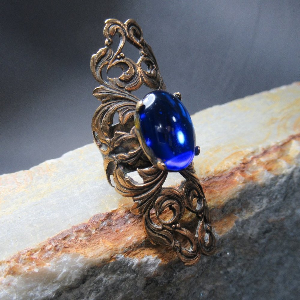 Gothic Blue and Gold Knuckle Ring, Bronze & Glass